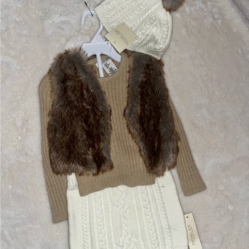 Rachel Zoe Brown Ribbed Sweater with Faux Fur Vest and Cream Knit Skirt Set
